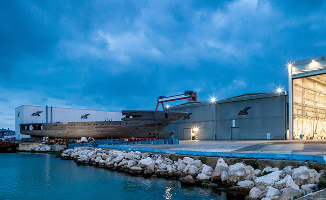 Work continues on the new 79 Metre M/Y Crn 135 at the Ancona Shipyard.