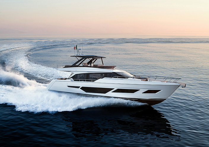 Ferretti Yachts 720. The evolution of the flybridge icon plays a starring role at the Cannes Yachting Festival and the Genoa Boat Show.
